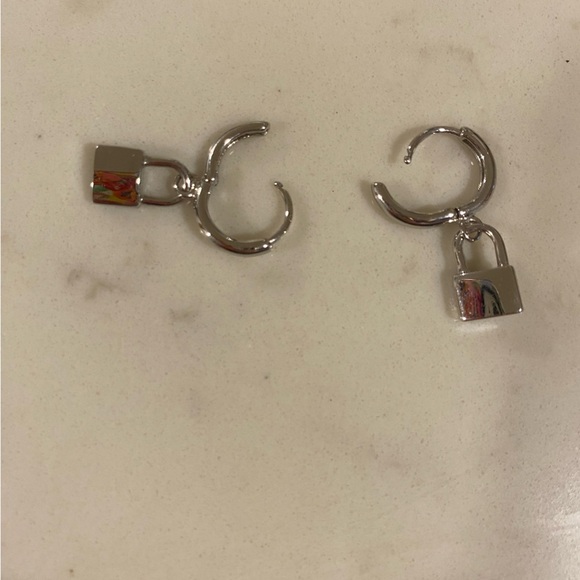 Silver Padlock Dangle Drop Earrings - Picture 4 of 4